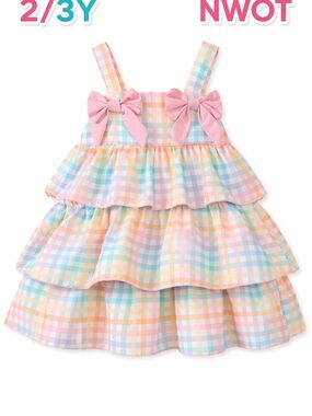 Girls 2/3Y Multicolor Plaid Sleeveless Knee Length Ruffle Bow Dress NWOT